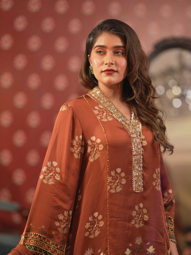 Silk Satin Suit-Reddish Brown