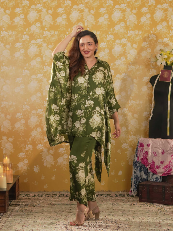 Silk Satin kaftaan & Trouser -Green