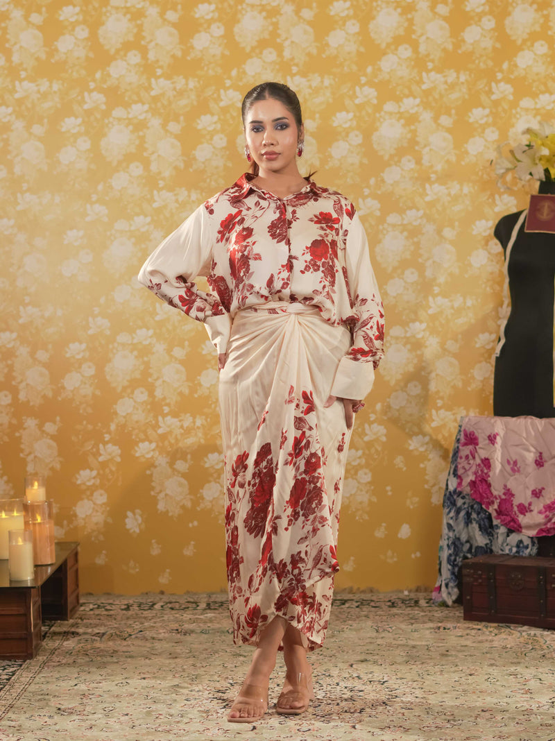 Silk Satin Wrap Around Skirt & Shirt-Ivory