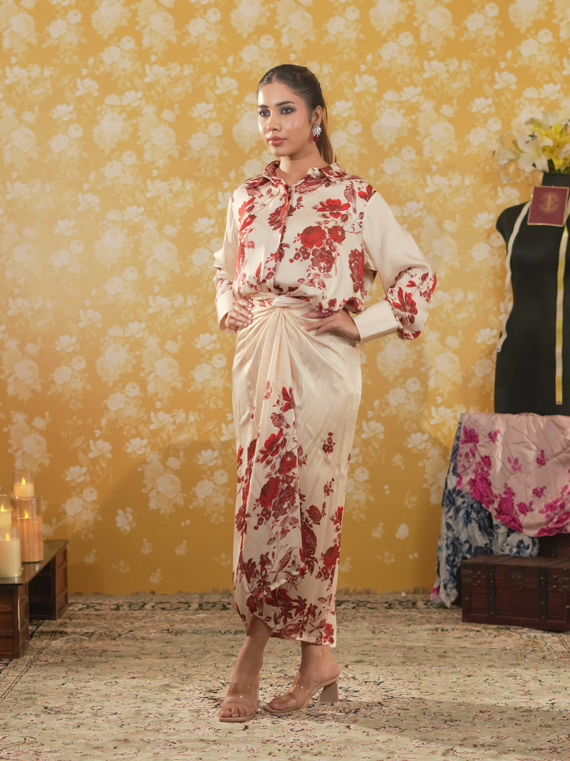 Silk Satin Wrap Around Skirt & Shirt-Ivory