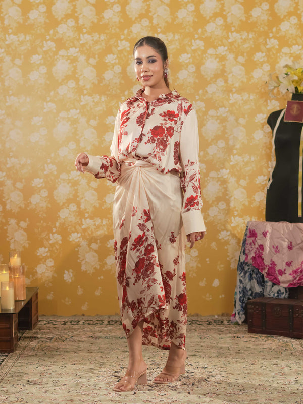 Silk Satin Wrap Around Skirt & Shirt-Ivory