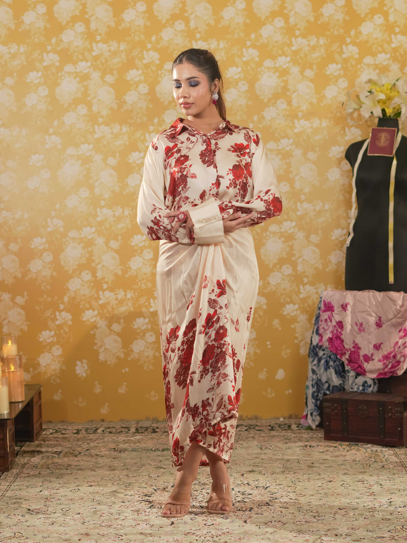 Silk Satin Wrap Around Skirt & Shirt-Ivory