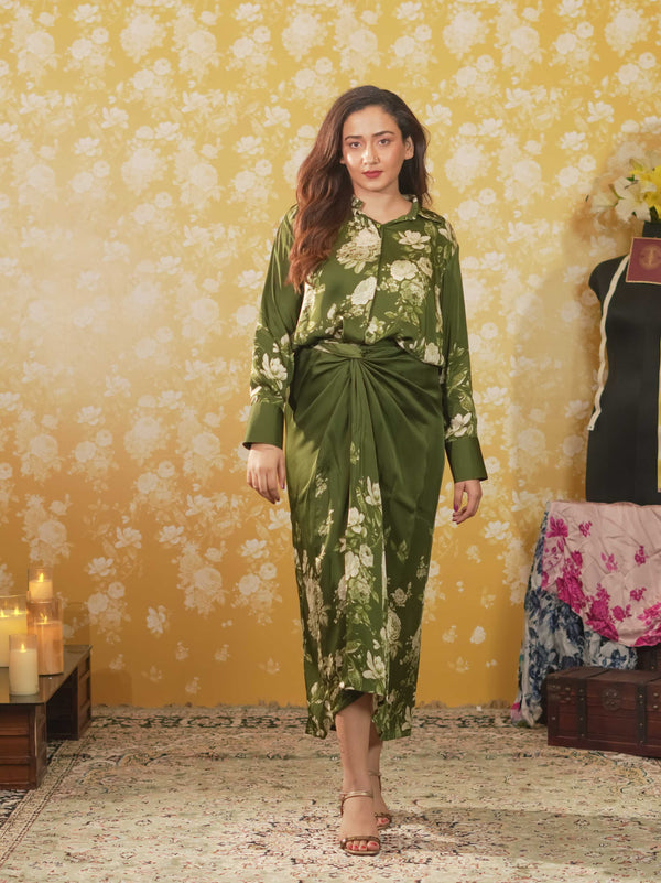 Silk Satin Wrap Around Skirt & Shirt -Green