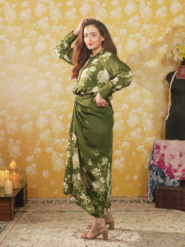 Silk Satin Wrap Around Skirt & Shirt -Green