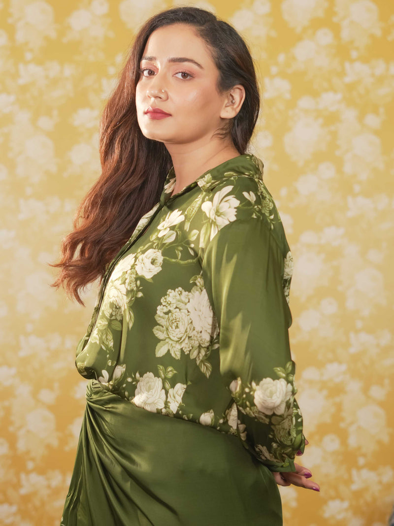 Silk Satin Wrap Around Skirt & Shirt -Green