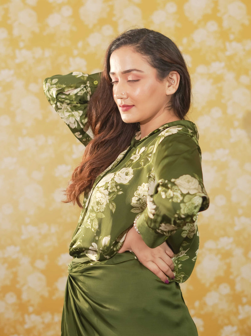 Silk Satin Wrap Around Skirt & Shirt -Green