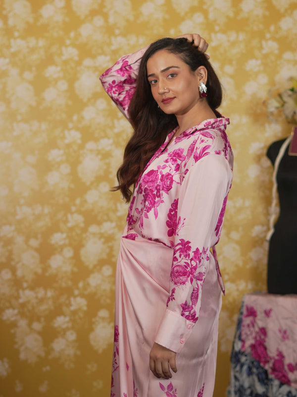 Silk Satin Wrap Around Skirt &Shirt- Pink