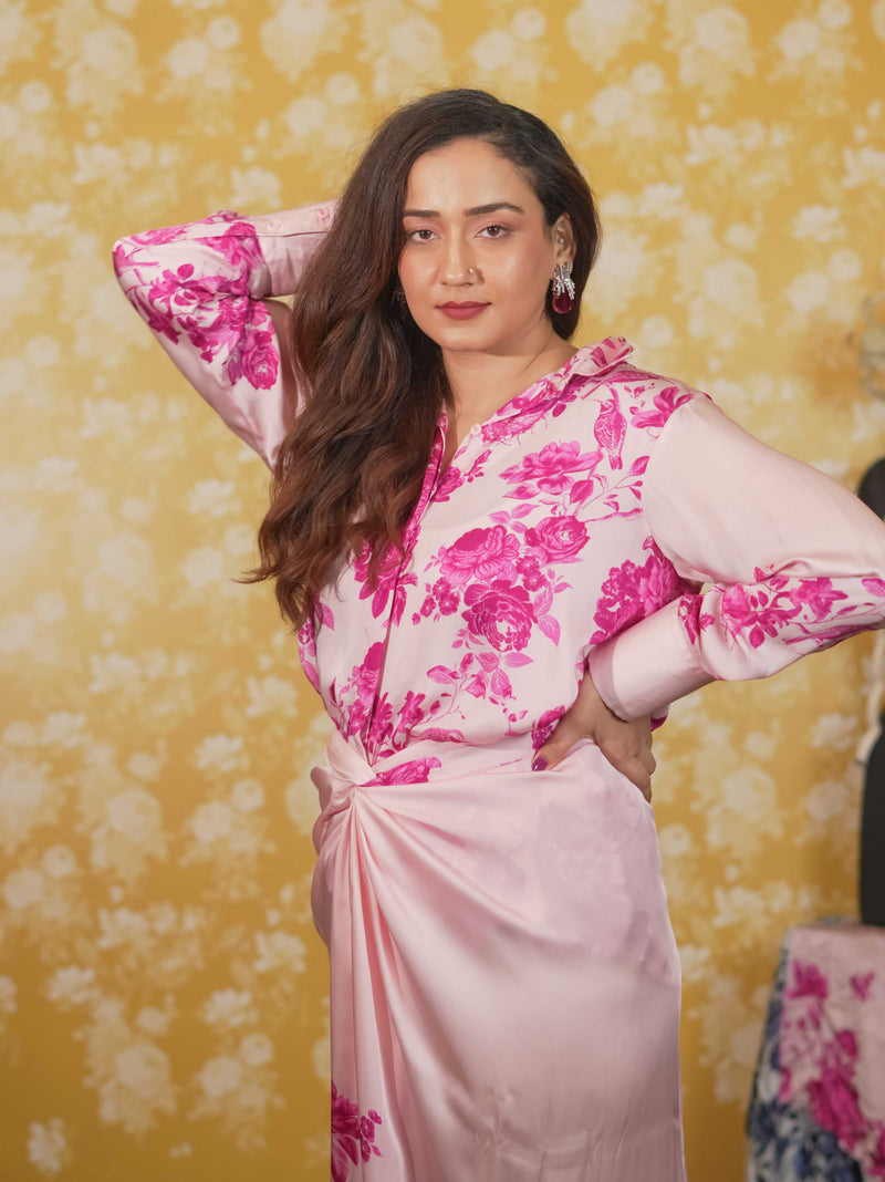 Silk Satin Wrap Around Skirt &Shirt- Pink