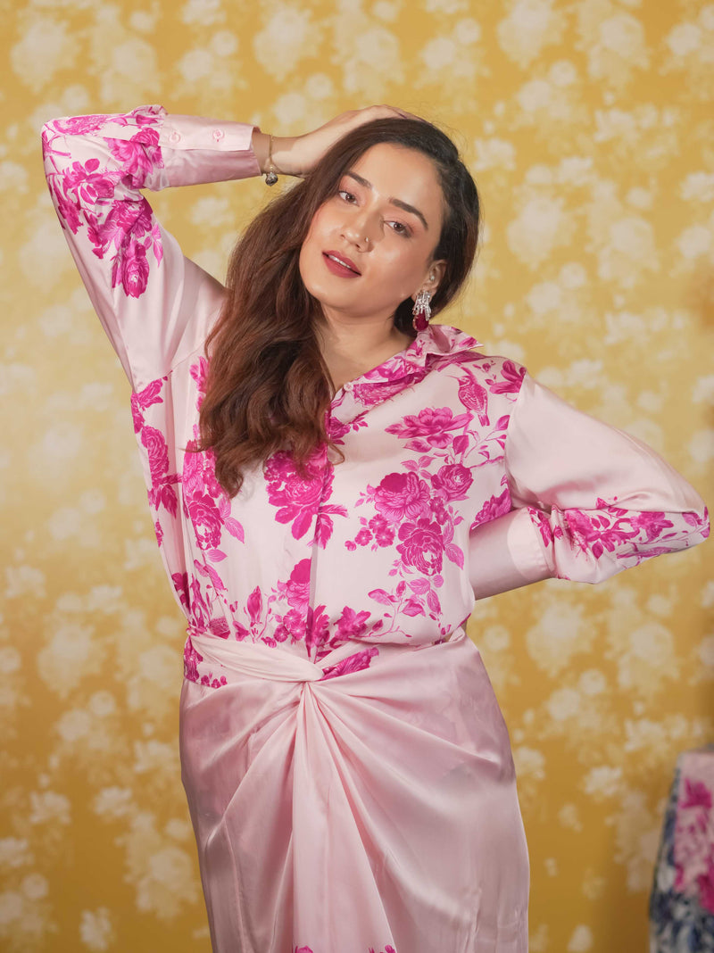 Silk Satin Wrap Around Skirt &Shirt- Pink