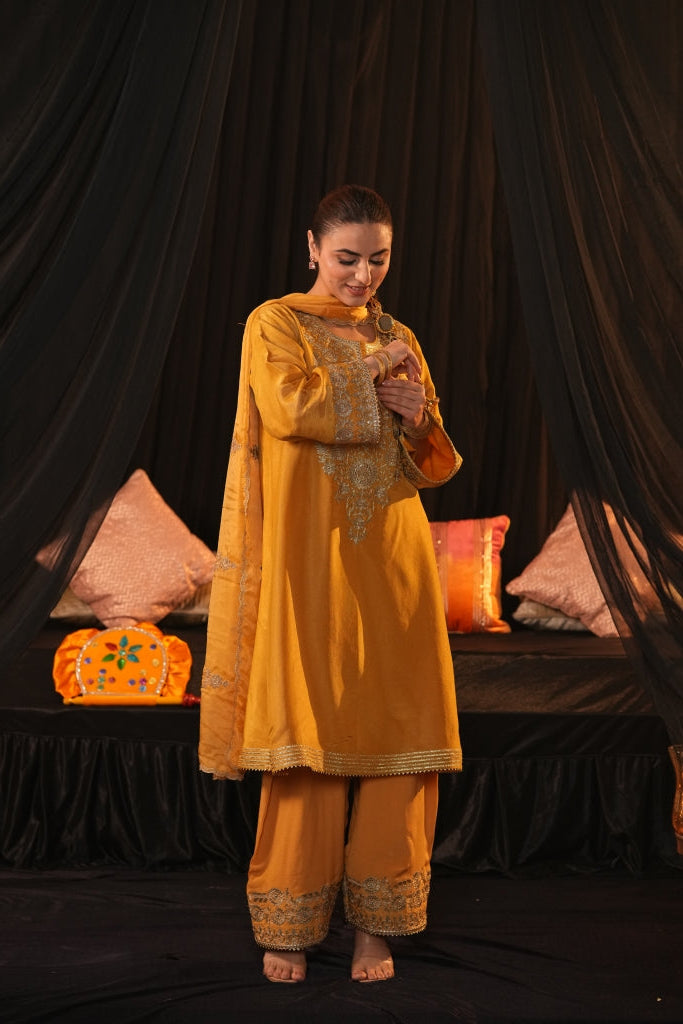 Regal Zari Silk Suit - Mustard yellow