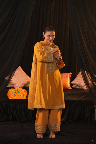 Regal Zari Silk Suit - Mustard yellow
