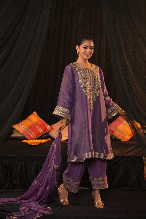 Regal Zari Silk Suit - Royal Purple