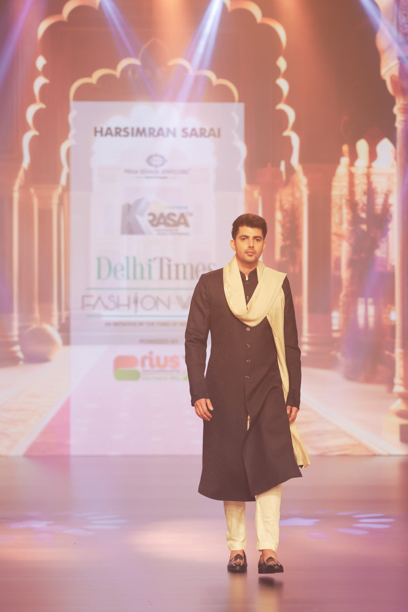 Regal Elegance: Blue Silk Nehru Jacket with Off-White Kurta and Pyjama Ambre By Harsimran Sarai Regal Elegance: Blue Silk Nehru Jacket with Off-White Kurta and Pyjama Ambre By Harsimran Sarai