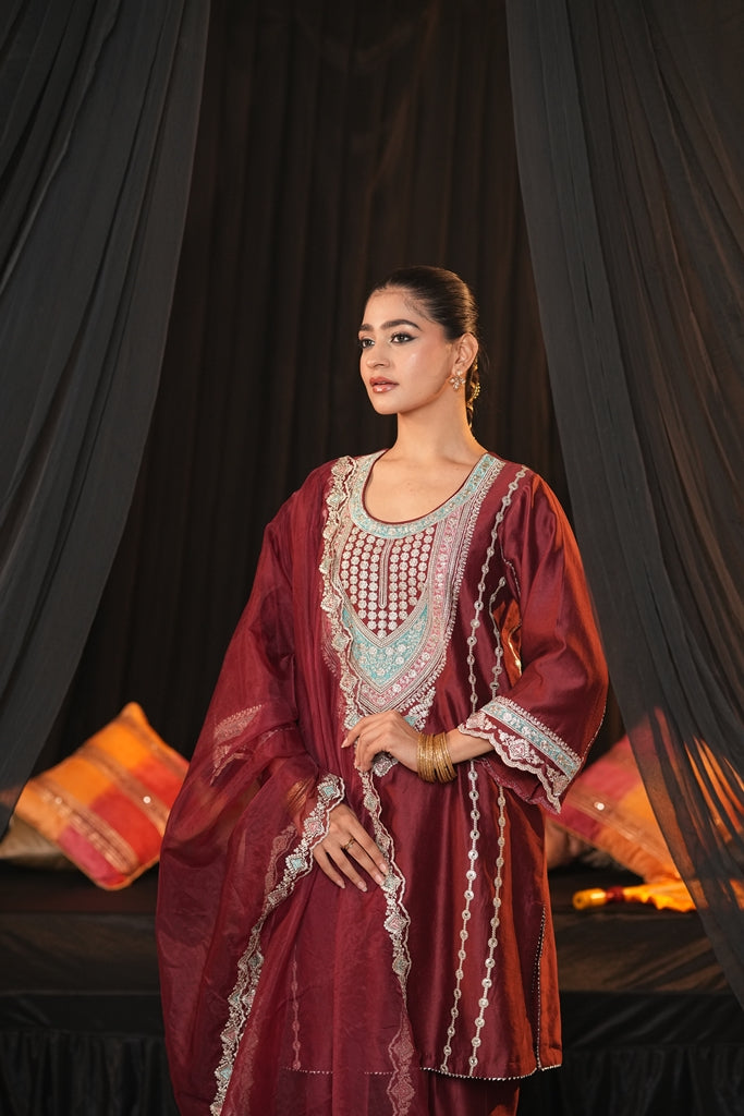 Maroon Chanderi Silk Suit