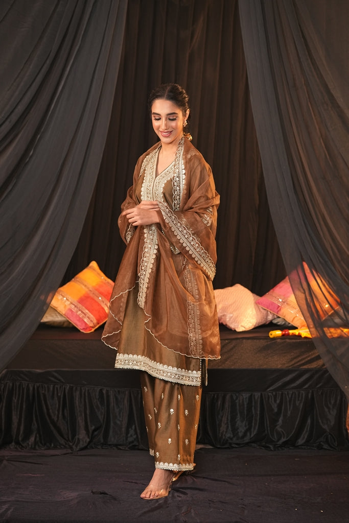 Brown Chanderi Silk Suit