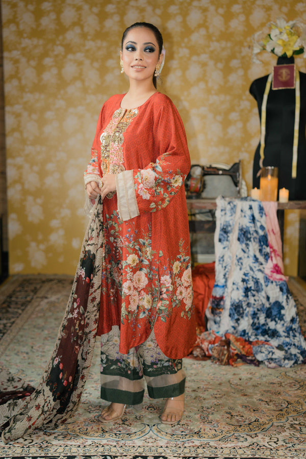 Dupion Silk Suit- Rust Orange