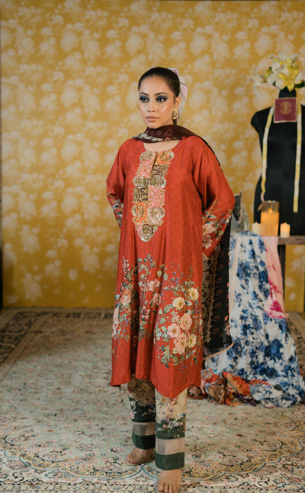 Dupion Silk Suit- Rust Orange