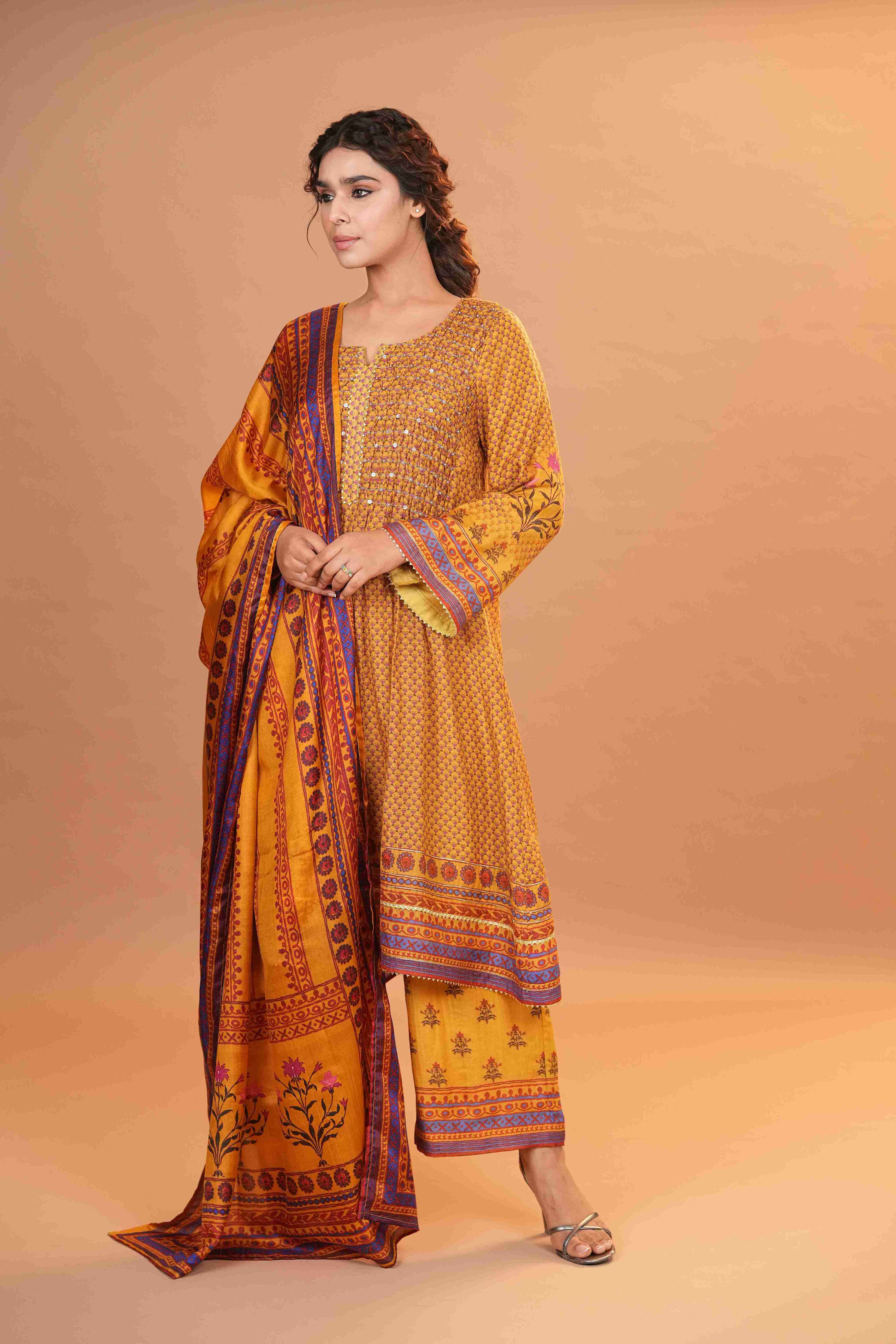 Mahalkari Rajwara Smokey effect Anarkali - Yellow