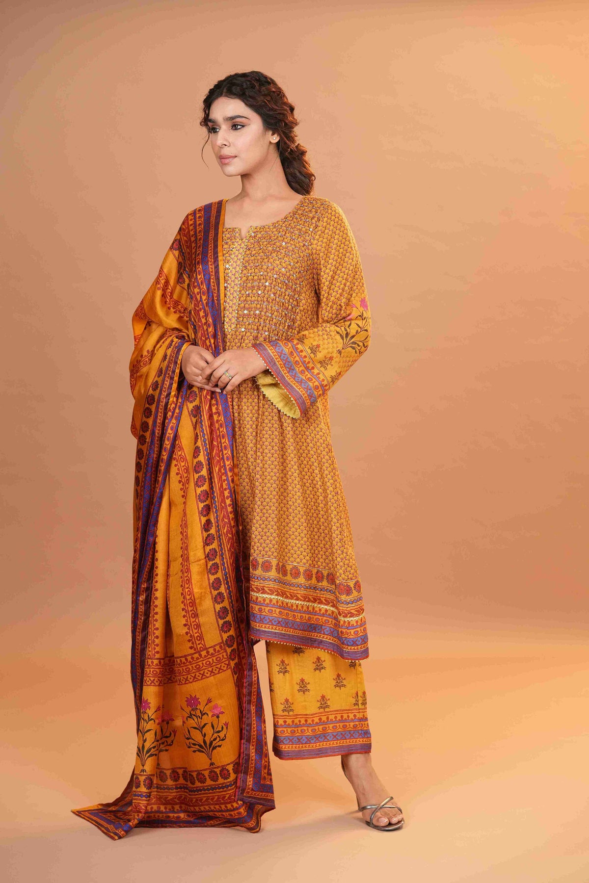 Mahalkari Rajwara Smokey effect Anarkali - Yellow