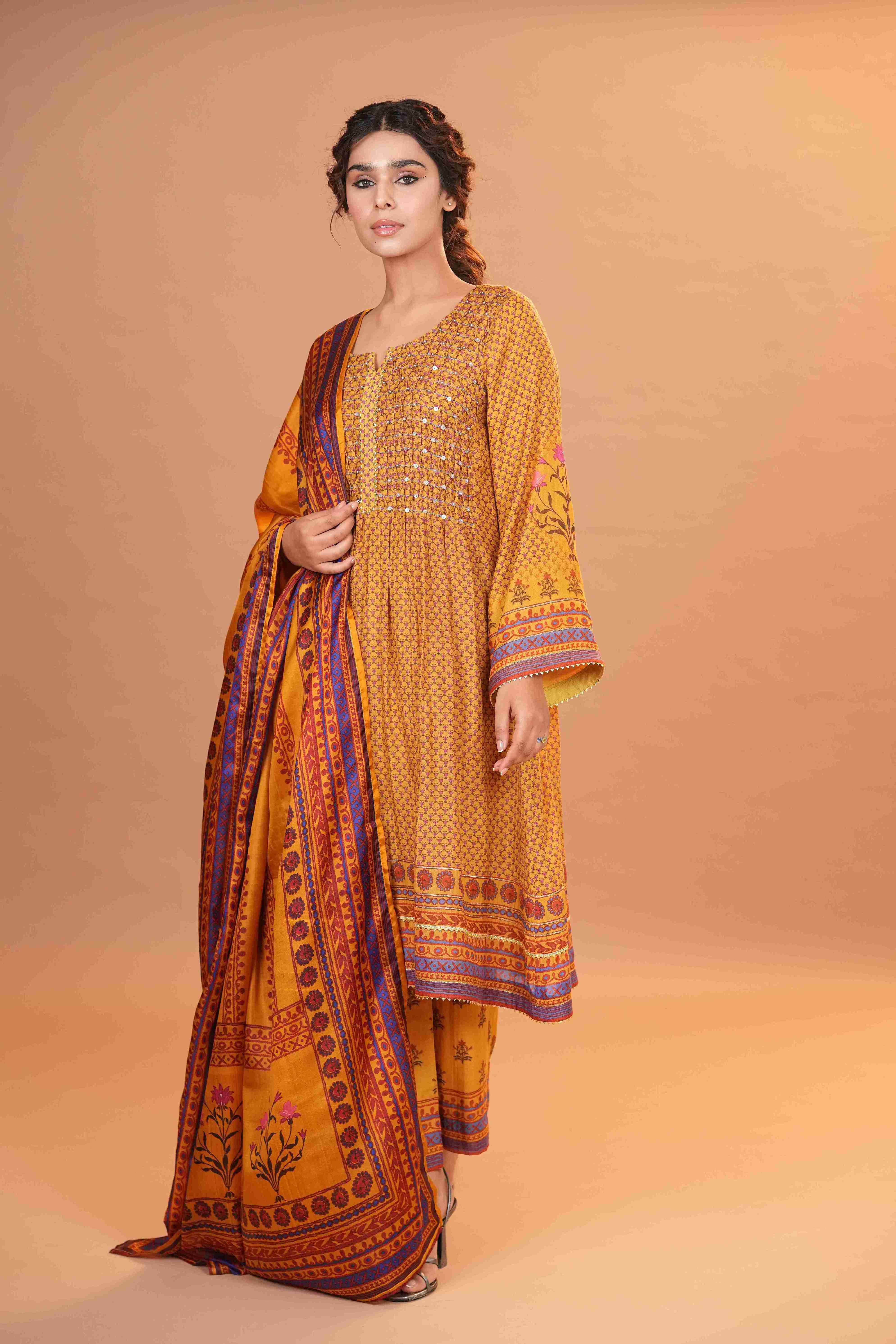 Mahalkari Rajwara Smokey effect Anarkali - Yellow