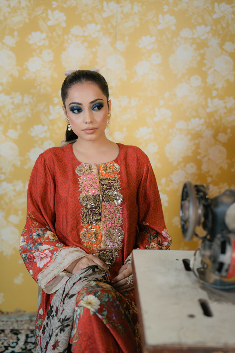 Dupion Silk Suit- Rust Orange