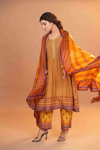 Mahalkari Rajwara Smokey effect Anarkali - Yellow