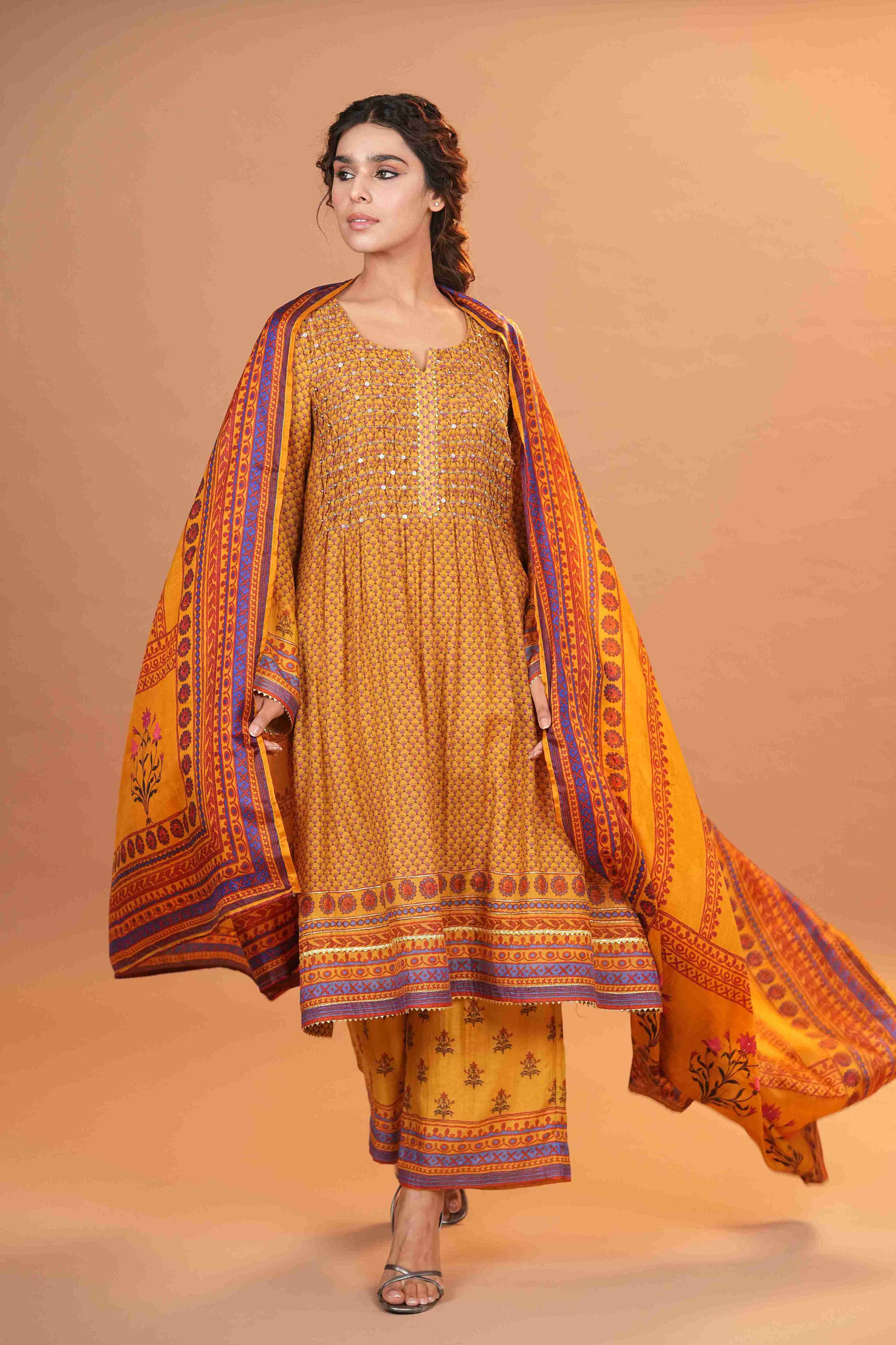 Mahalkari Rajwara Smokey effect Anarkali - Yellow