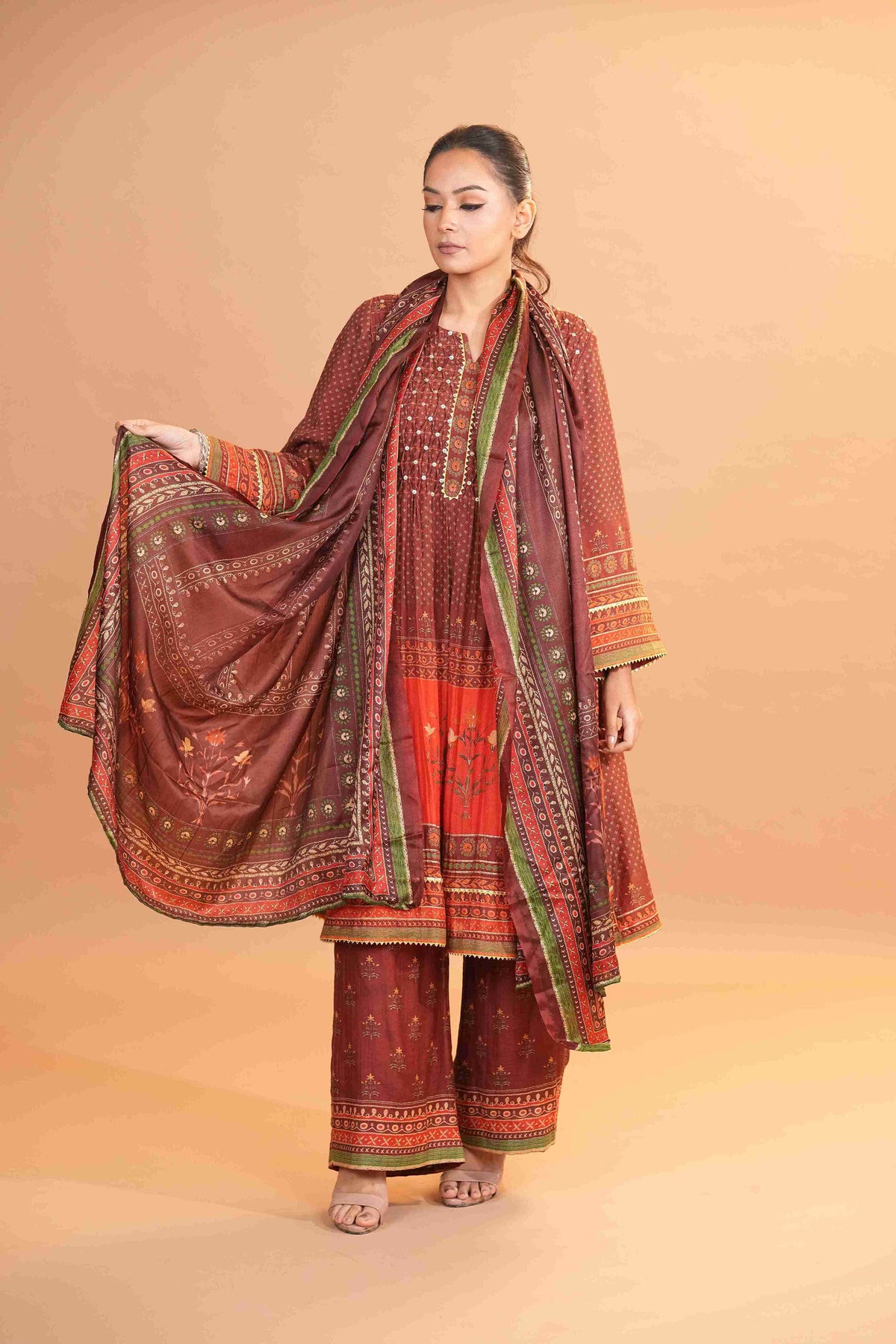 Mahalkari Rajwara Smokey effect Anarkali - Rose Brown