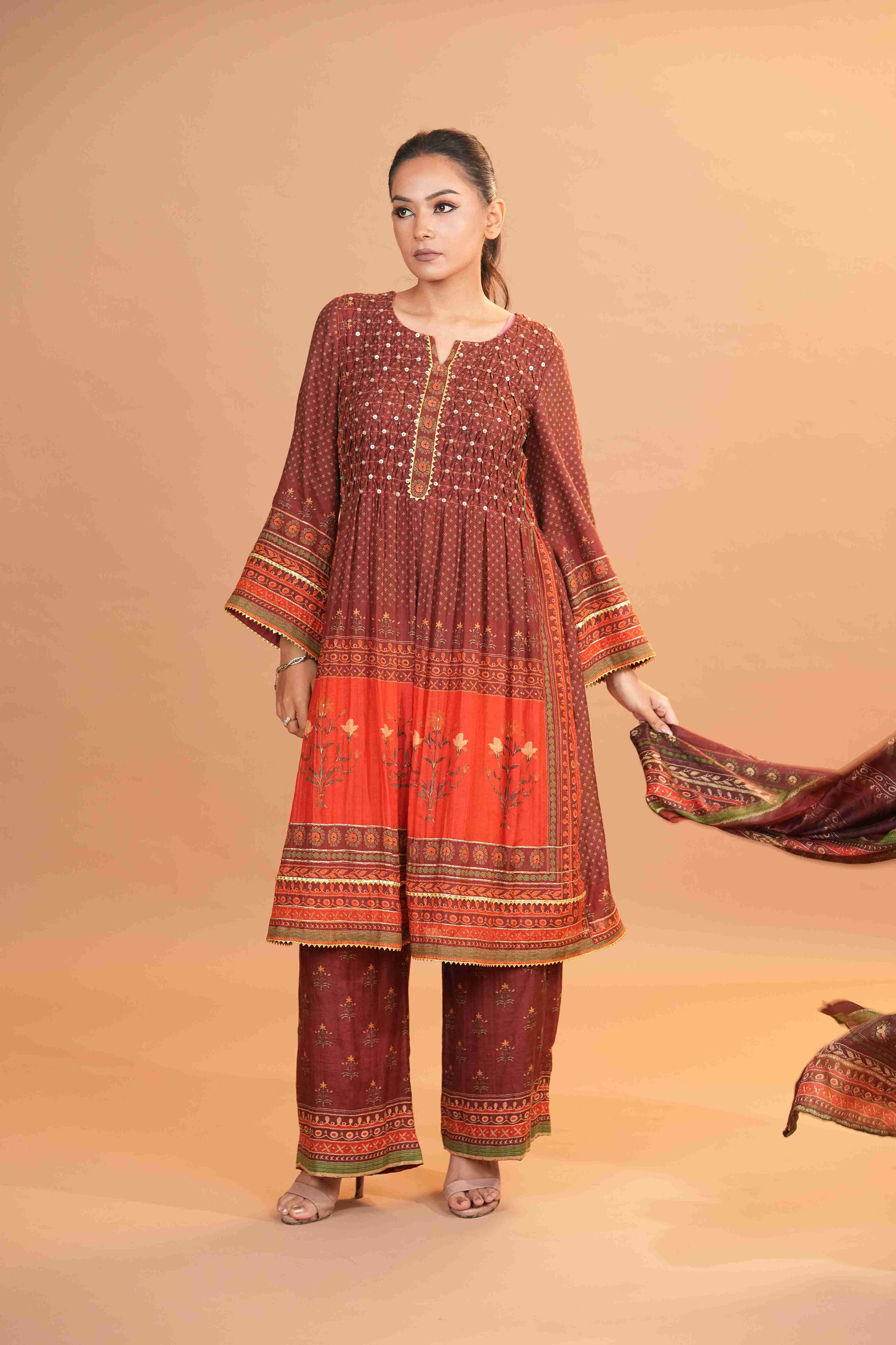 Mahalkari Rajwara Smokey effect Anarkali - Rose Brown