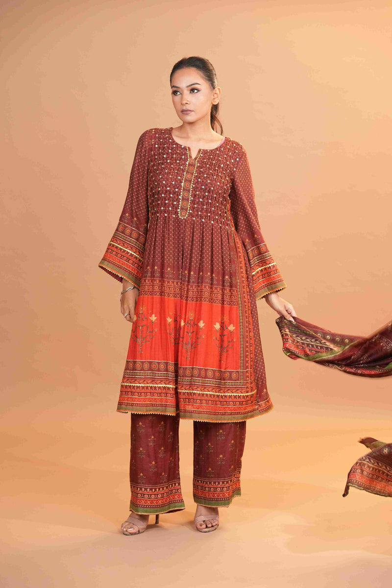 Mahalkari Rajwara Smokey effect Anarkali - Rose Brown