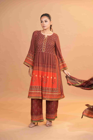 Mahalkari Rajwara Smokey effect Anarkali - Rose Brown