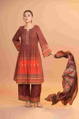 Mahalkari Rajwara Smokey effect Anarkali - Rose Brown
