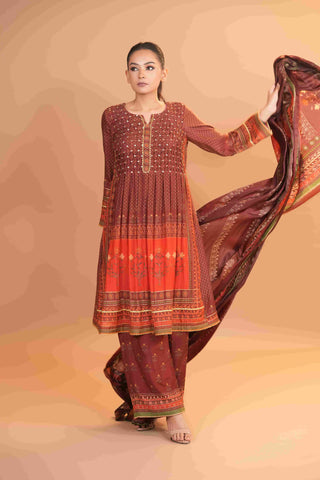 Mahalkari Rajwara Smokey effect Anarkali - Rose Brown