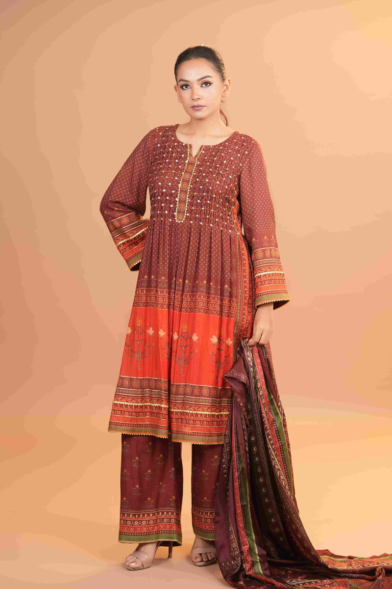 Mahalkari Rajwara Smokey effect Anarkali - Rose Brown