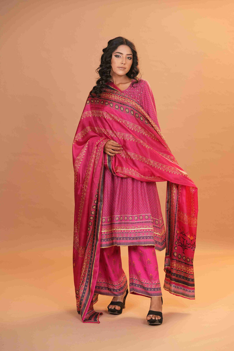 Mahalkari Rajwara Smokey effect Anarkali - Hot Pink