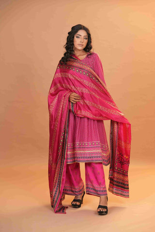 Mahalkari Rajwara Smokey effect Anarkali - Hot Pink