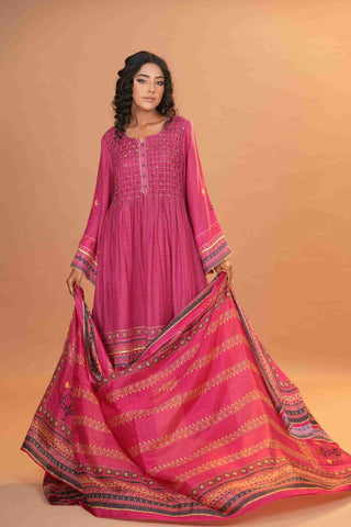 Mahalkari Rajwara Smokey effect Anarkali - Hot Pink