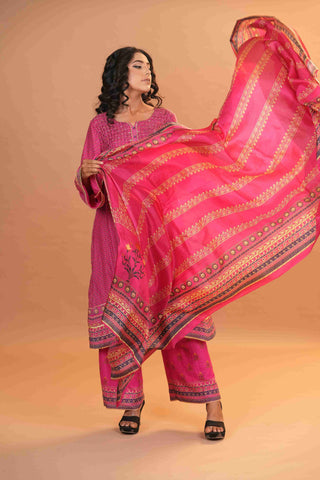 Mahalkari Rajwara Smokey effect Anarkali - Hot Pink