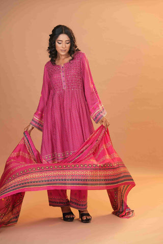 Mahalkari Rajwara Smokey effect Anarkali - Hot Pink