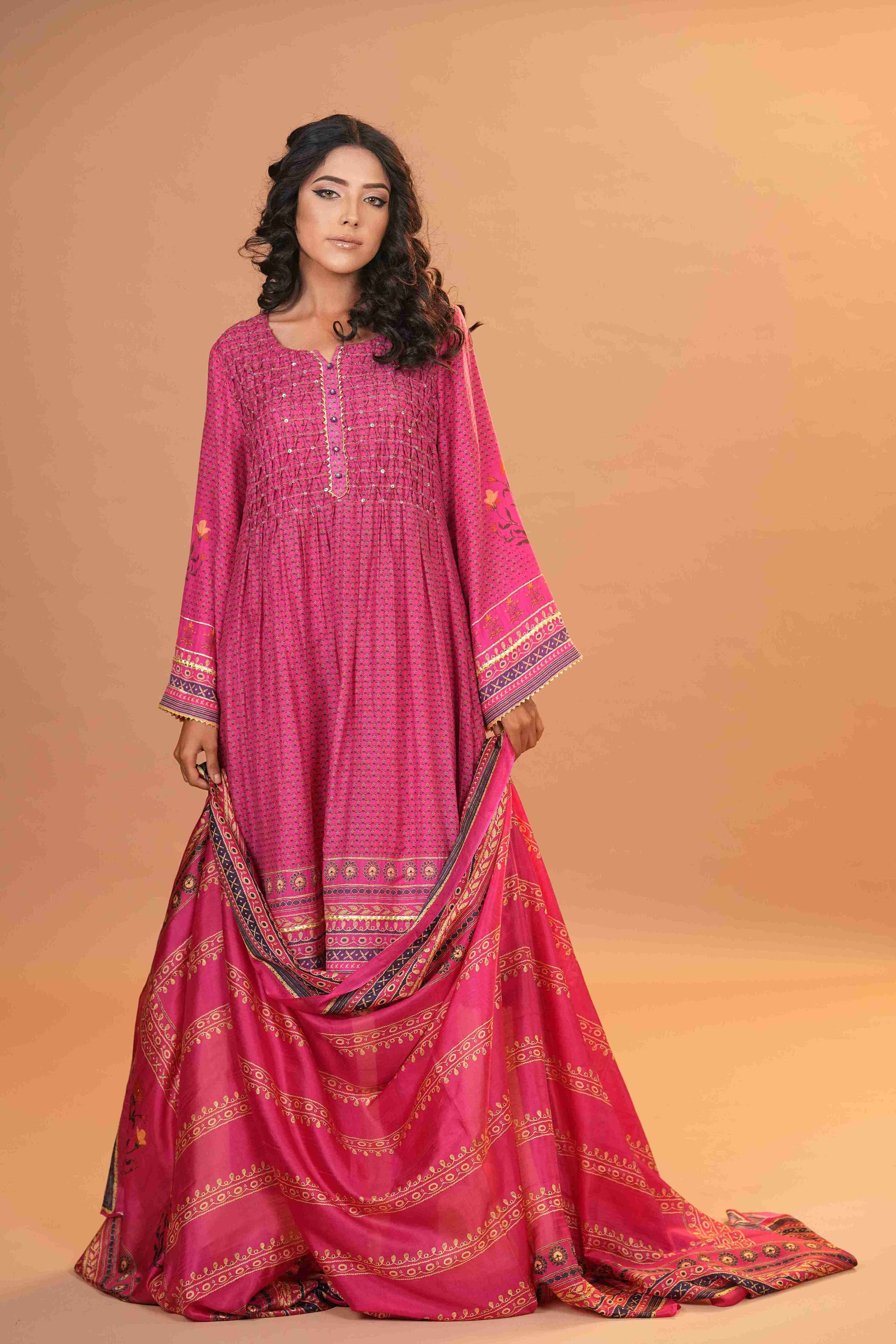 Mahalkari Rajwara Smokey effect Anarkali - Hot Pink