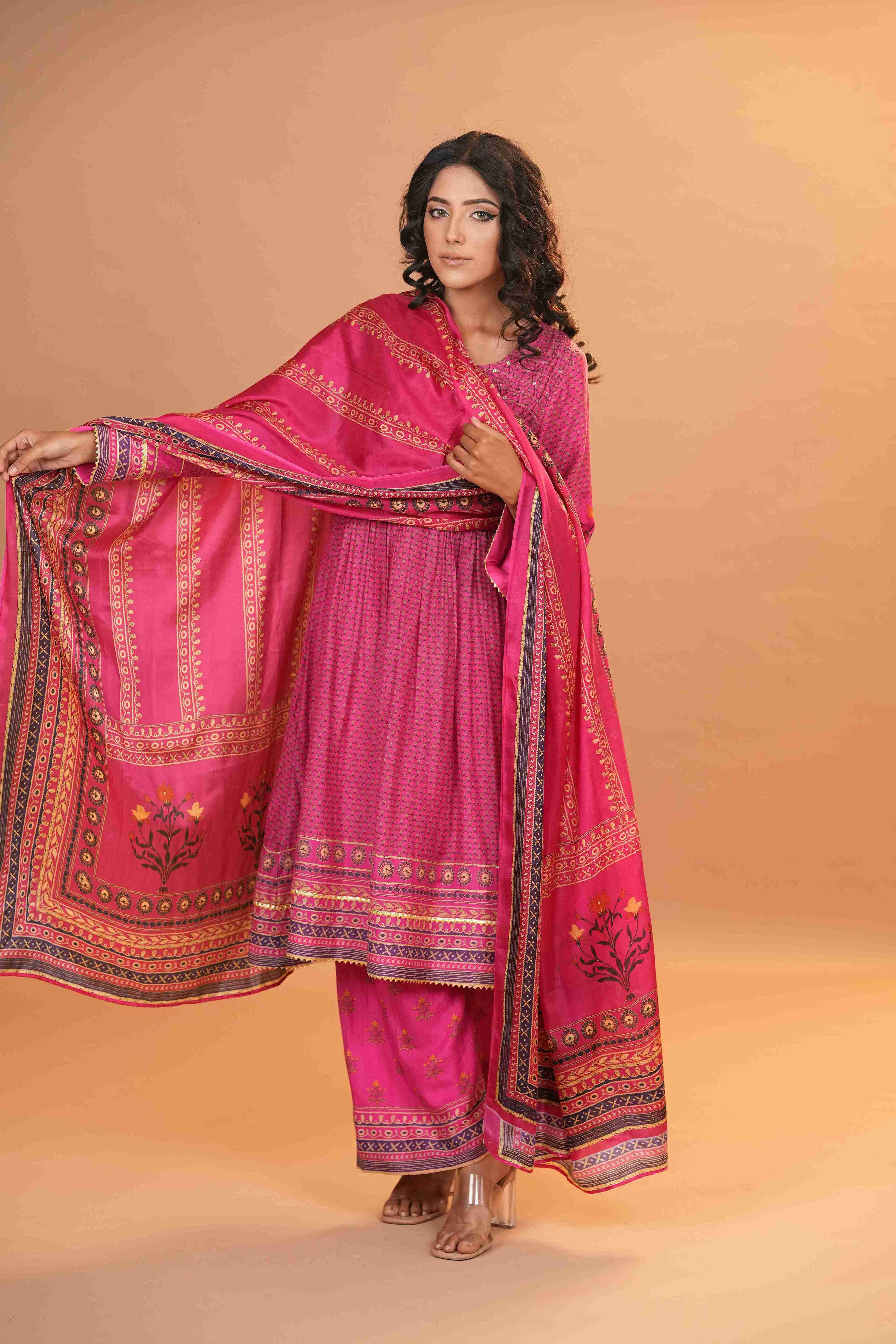 Mahalkari Rajwara Smokey effect Anarkali - Hot Pink