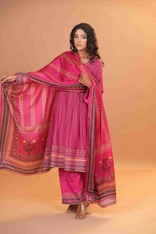 Mahalkari Rajwara Smokey effect Anarkali - Hot Pink