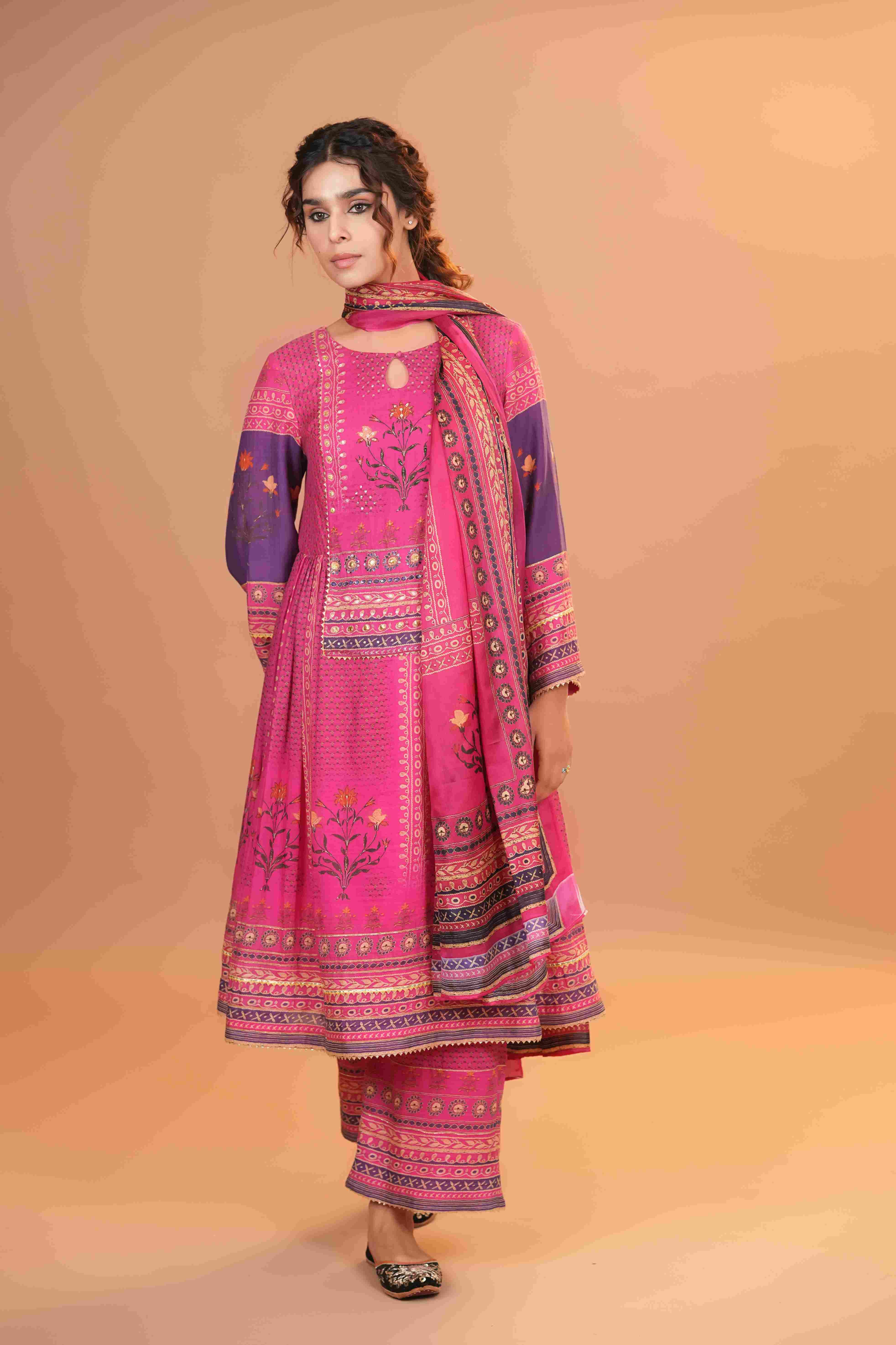 Maheshwari Silk Anarkali - Hot Pink