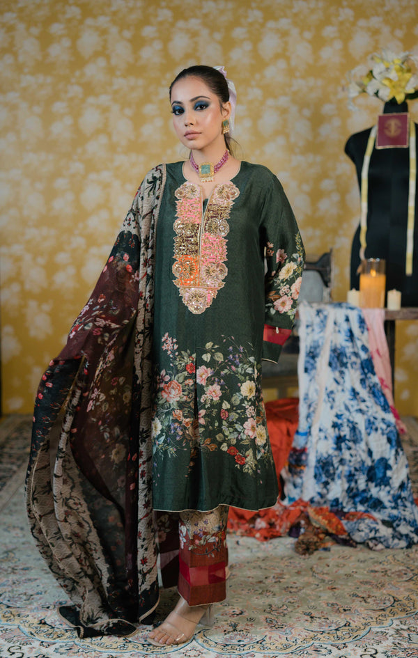 Dupion Silk Suit- Olive Green