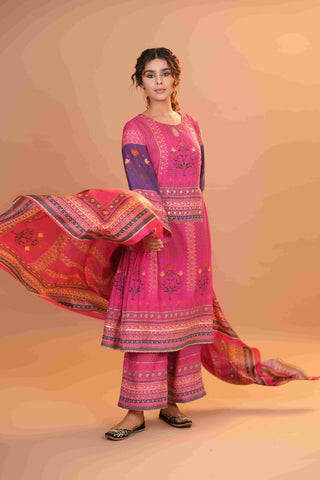 Maheshwari Silk Anarkali - Hot Pink