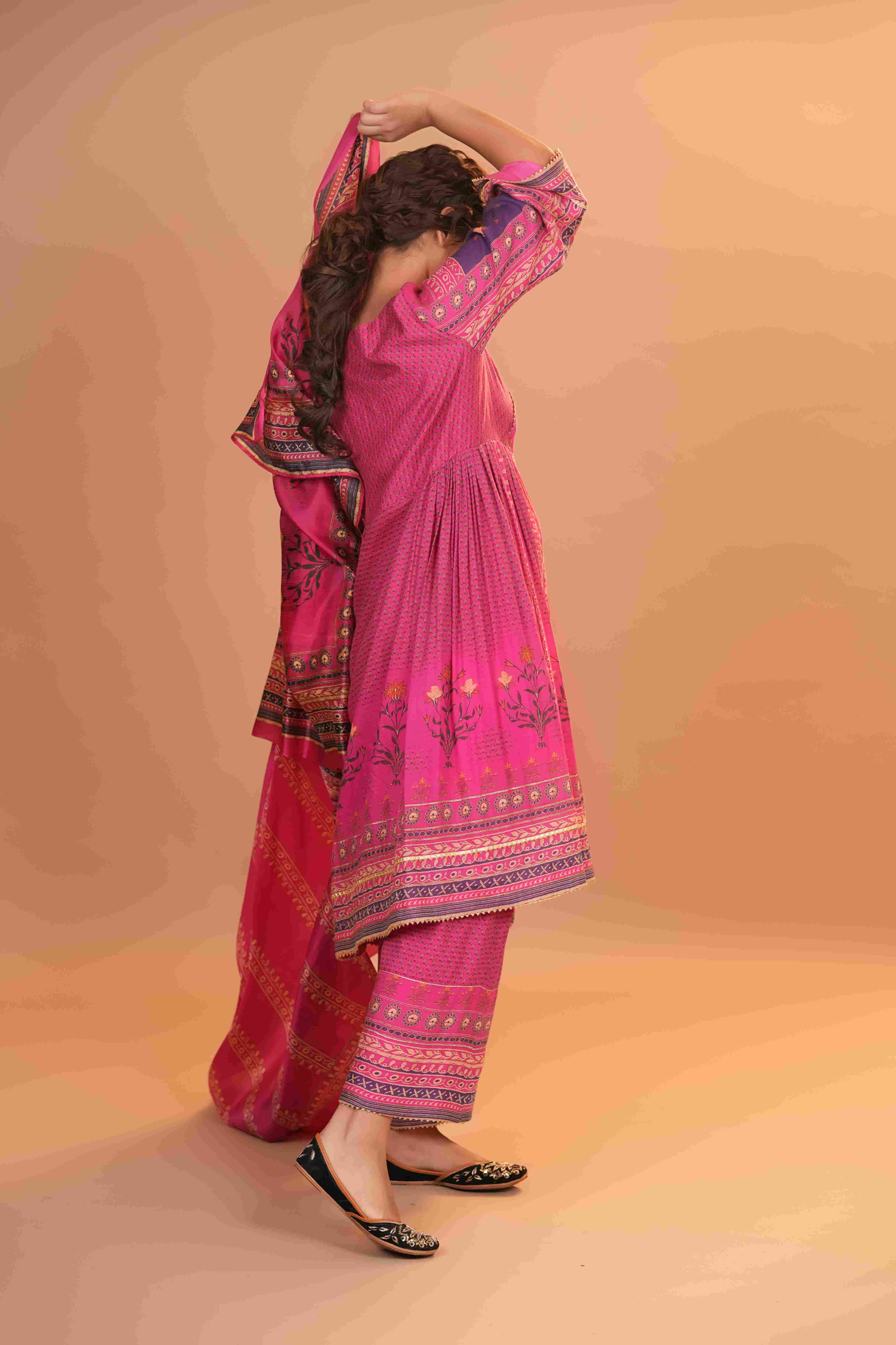 Maheshwari Silk Anarkali - Hot Pink