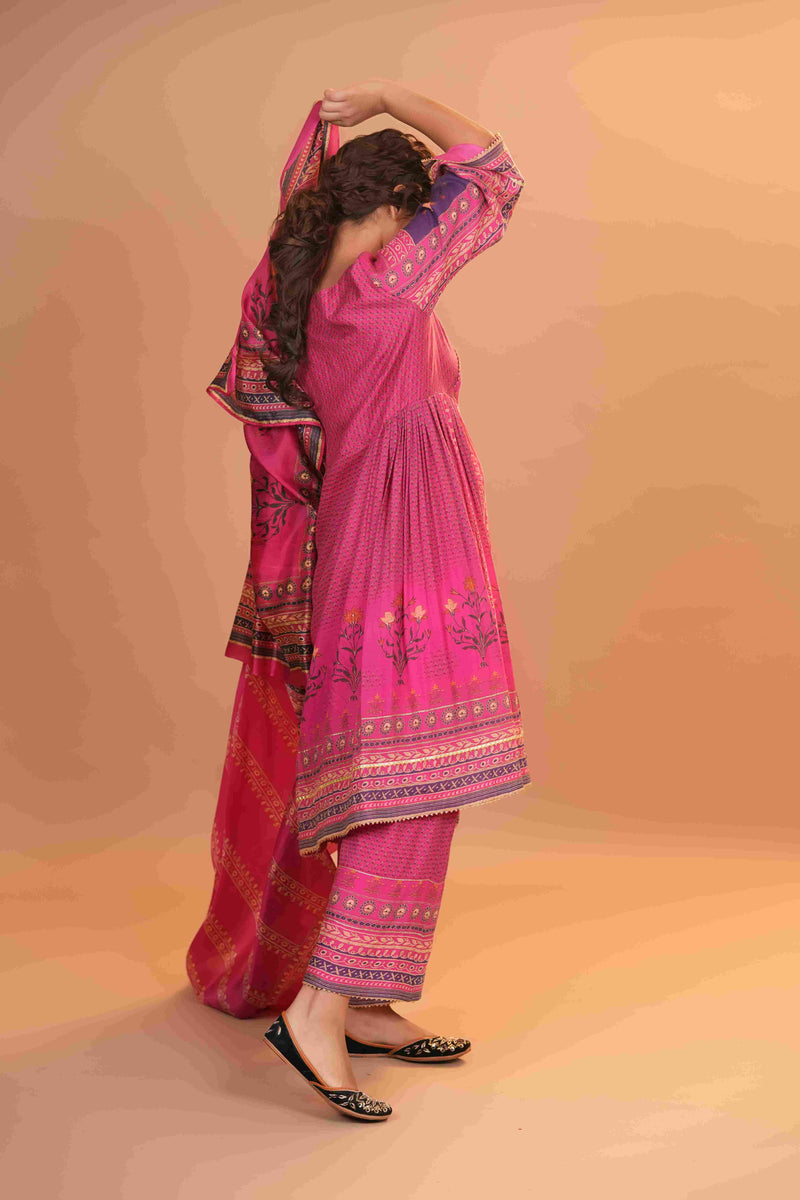 Maheshwari Silk Anarkali - Hot Pink