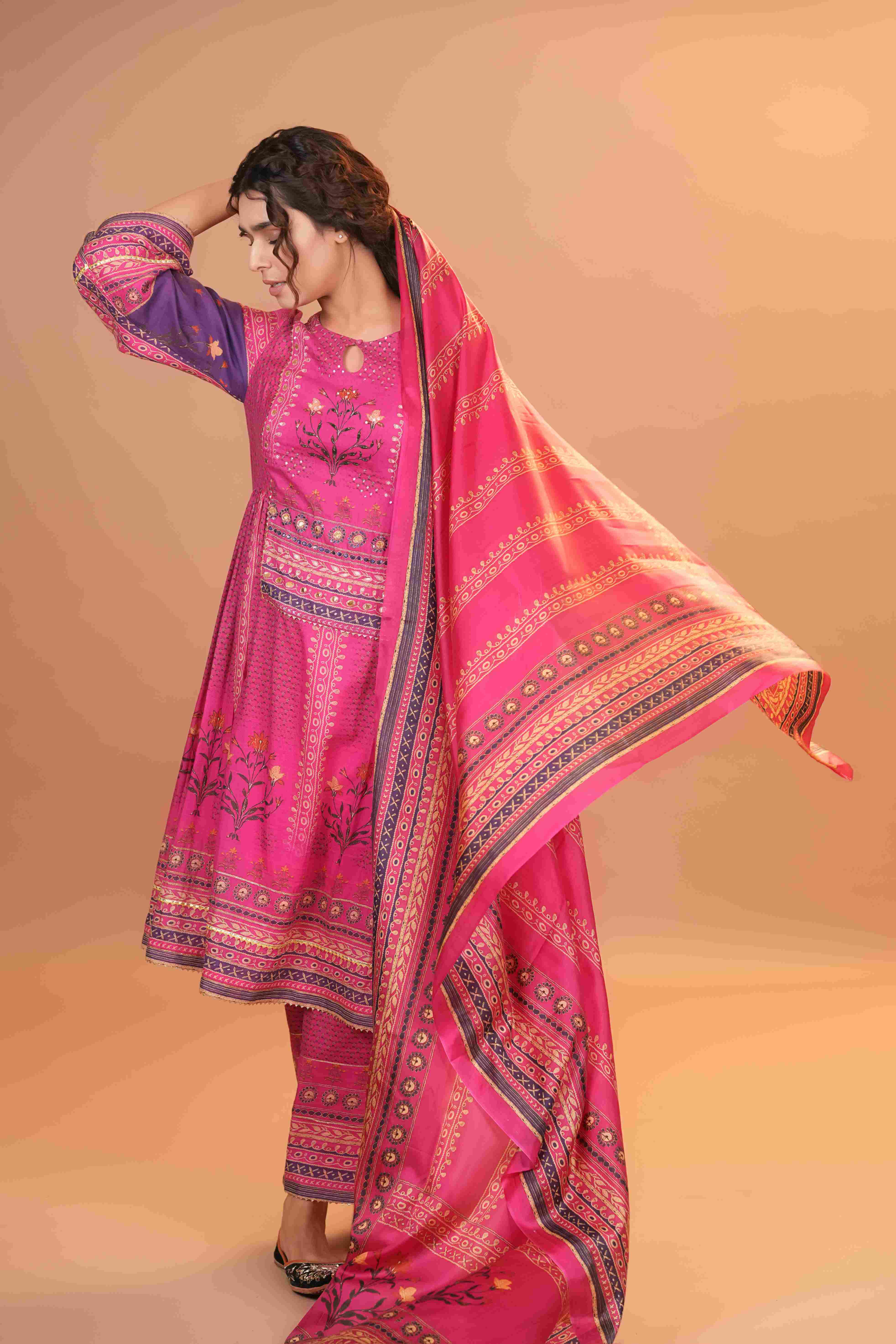 Maheshwari Silk Anarkali - Hot Pink