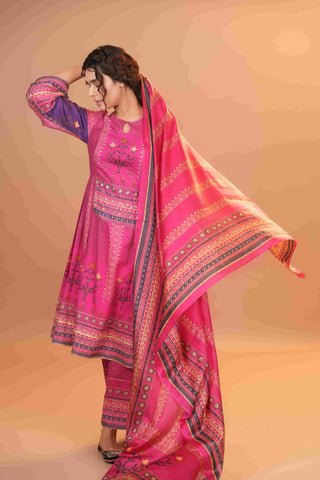 Maheshwari Silk Anarkali - Hot Pink