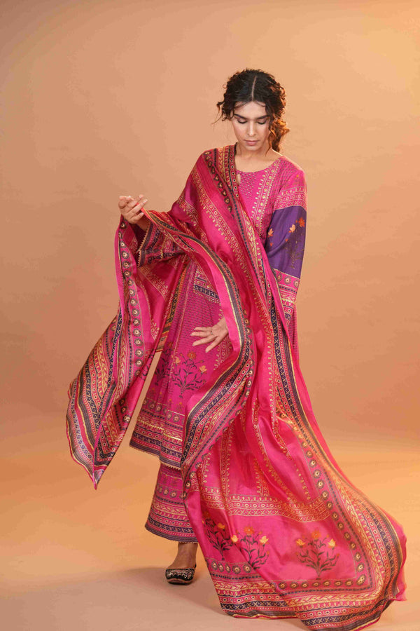 Maheshwari Silk Anarkali - Hot Pink